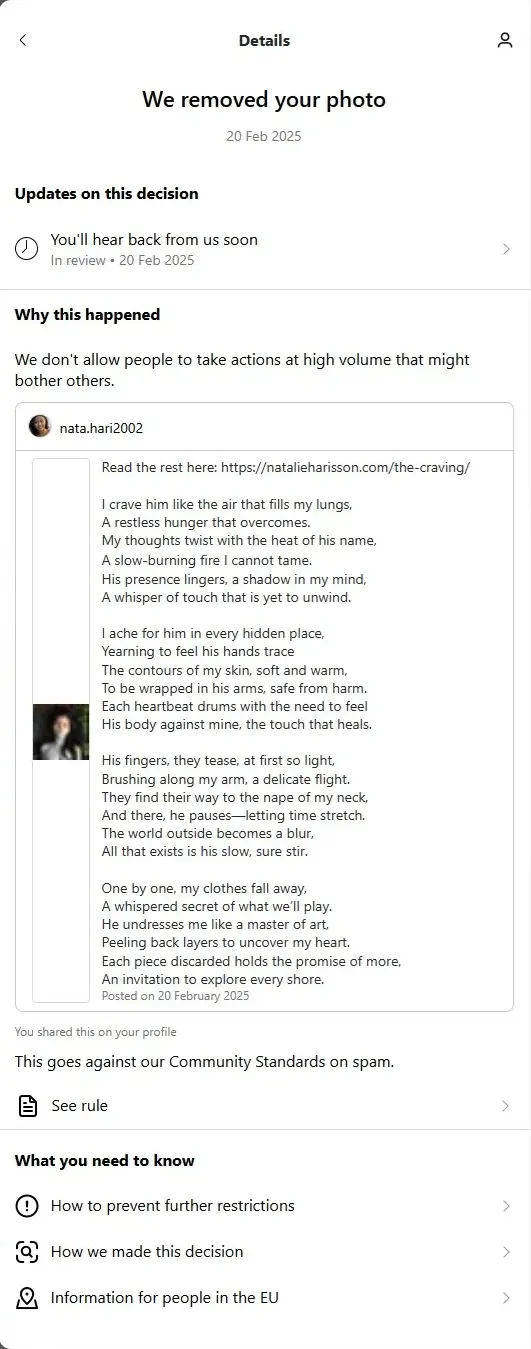 We removed your photo - Instagram - spam