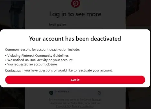 Pinterest Account Deactivated